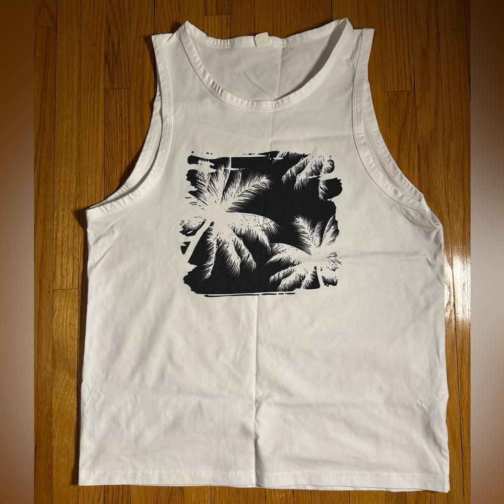 Men’s Small Palm Tree Tank Top – White/Black Summer Beachwear
